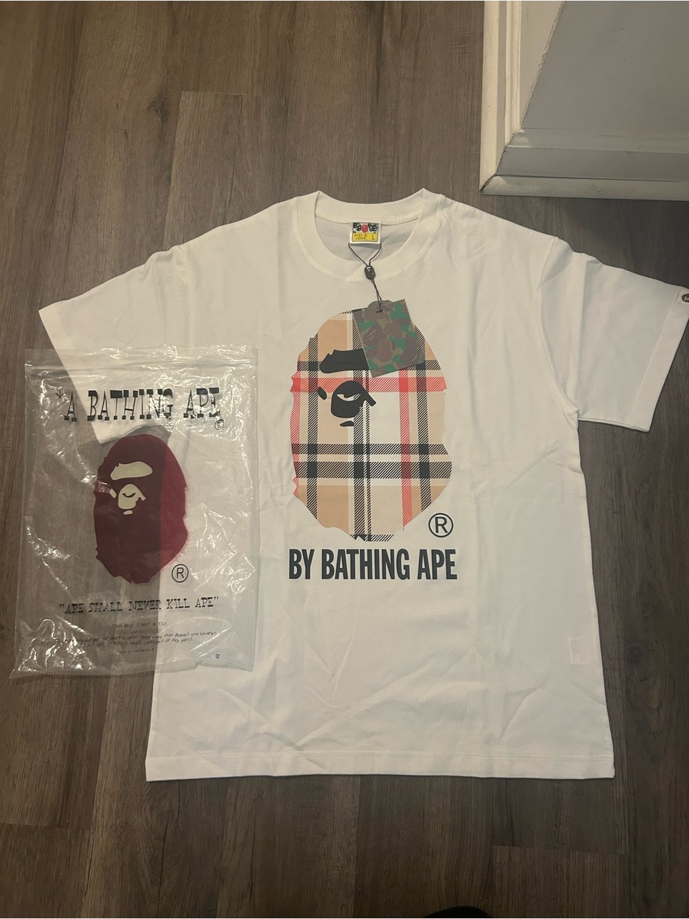 White Plaid Ape Head Logo Short Sleeve Tee